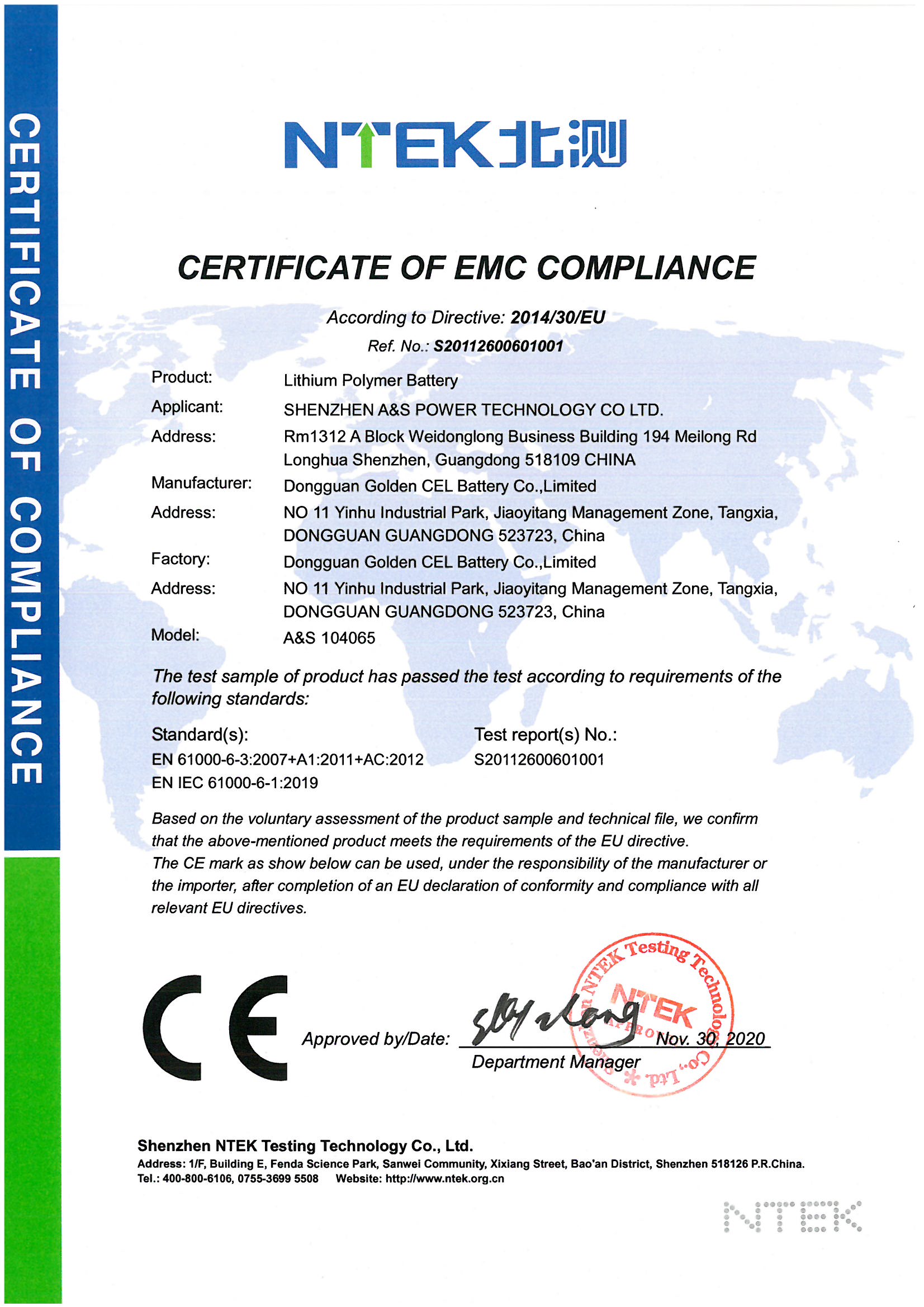 A&S Power 104065-3.7V-3200mAh CE Certification