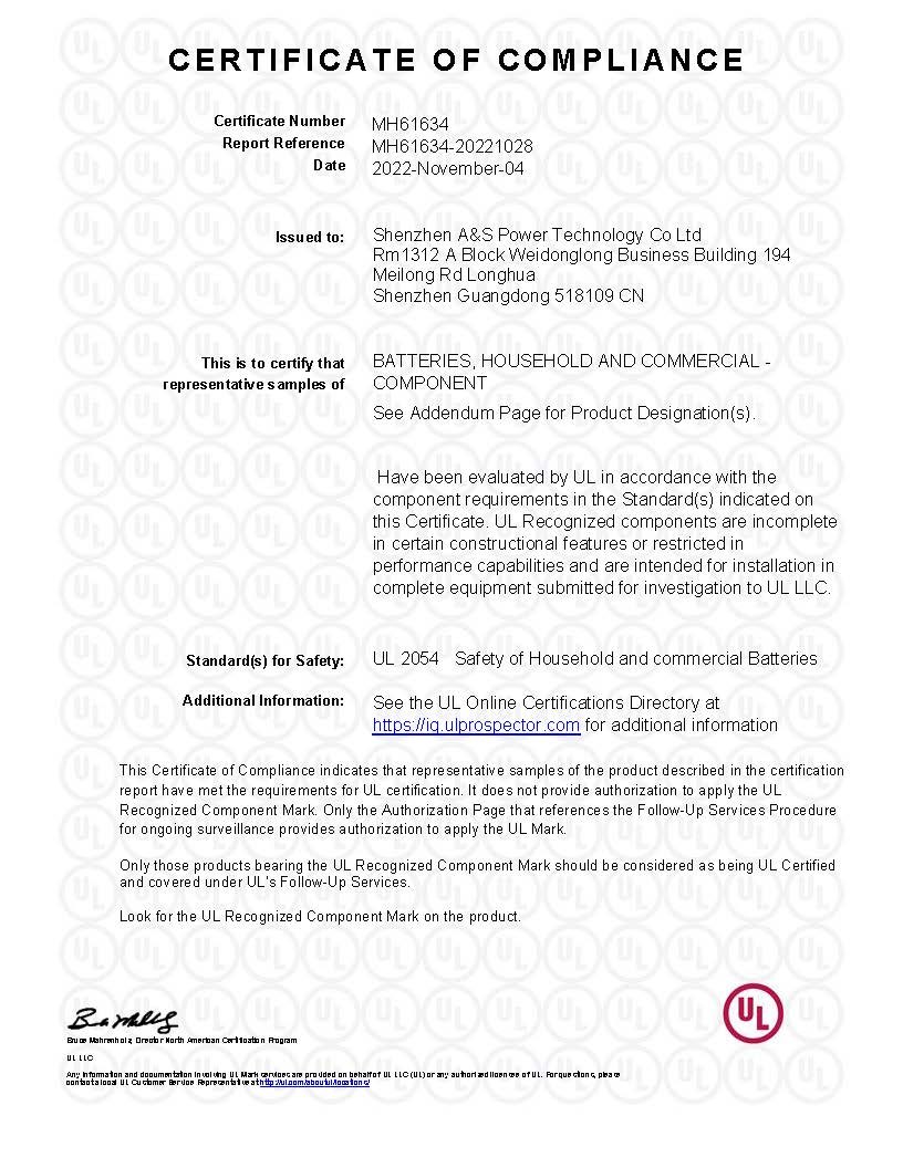 A&S 18650-7.4v-200mAh-2S1P-UL2054 Certificate